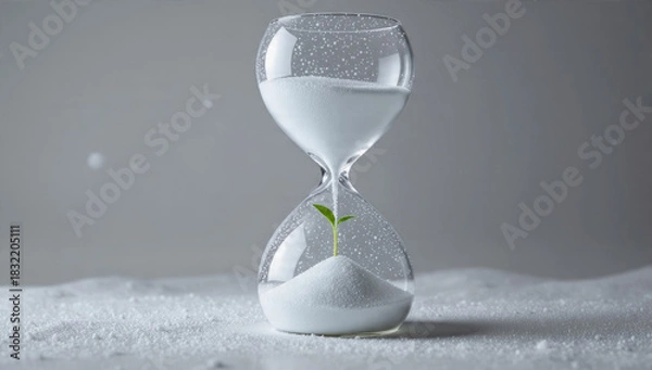 Fototapeta A delicate green sprout emerges from falling white sand within a clear hourglass, symbolizing growth, hope, and resilience amidst the passage of time.