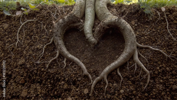 Fototapeta Intricate tree roots form a perfect heart shape nestled in dark soil, symbolizing nature's deep connection, love, and growth.
