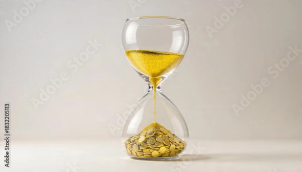 Fototapeta Golden sand falls through an hourglass, converting into a pile of gold coins, a powerful visual metaphor for time equaling money.