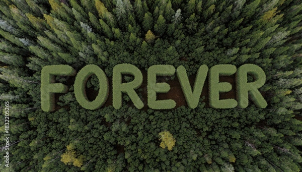 Fototapeta Aerial view shows 'FOREVER' spelled in green hedges within a dense forest, symbolizing nature's permanence, environmentalism, and lasting natural beauty.