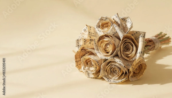 Fototapeta A beautiful bouquet of handcrafted roses made from antique sheet music, tied with rustic string on a warm, plain background.