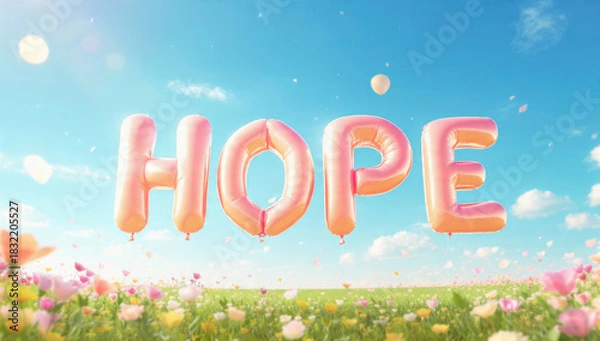 Fototapeta Giant pink "HOPE" balloons float over a cheerful field of colorful spring flowers beneath a bright blue sky, embodying optimism.