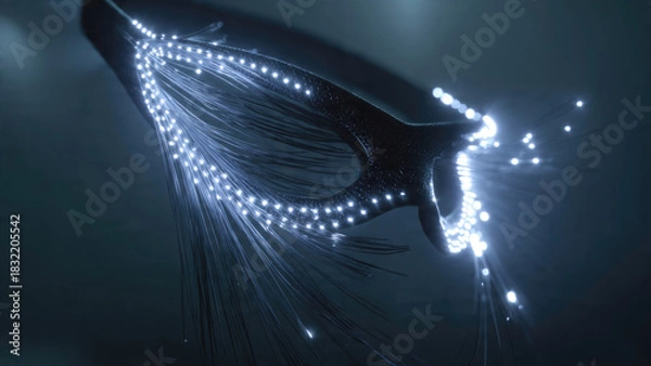 Fototapeta A futuristic digital organism or network node, featuring glowing fiber optic strands emanating from a dark, complex structure, symbolizing advanced data connectivity.