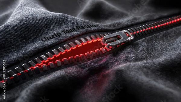 Fototapeta A partially unzipped metallic zipper on dark fabric reveals a vibrant red glow. "Unzip Your Passion" text symbolizes unleashing inner drive.