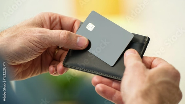 Fototapeta Close-up of a man’s hands holding a sleek gray bank card above a minimalist black leather wallet in soft natural light, creating a modern financial and lifestyle scene