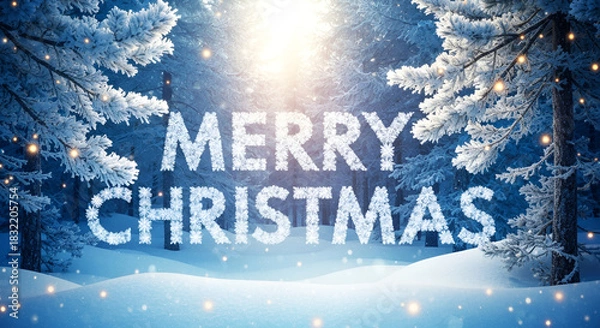 Obraz Christmas winter holiday background with snow, tree, and happy new year greeting card design