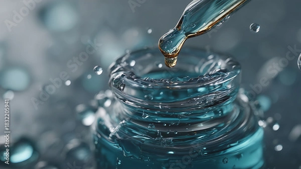 Fototapeta Close up of a dropper dispensing liquid into a clear glass bottle top