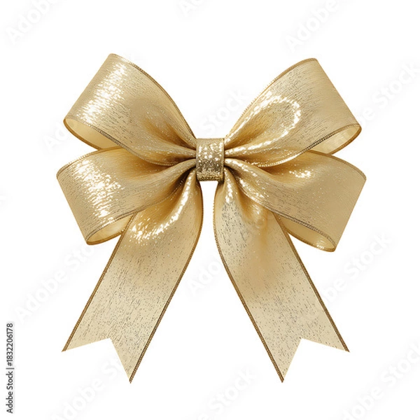 Fototapeta Golden bow with glitter texture, shiny festive ribbon, decorative element for gift wrapping on transparent background isolated
