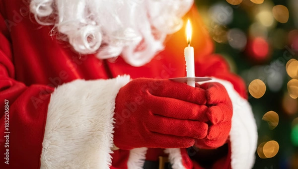 Fototapeta Close-up of Santa Claus in a red suit and gloves gently holding a lit white candle, with soft golden Christmas lights creating a warm, festive holiday atmosphere in the background