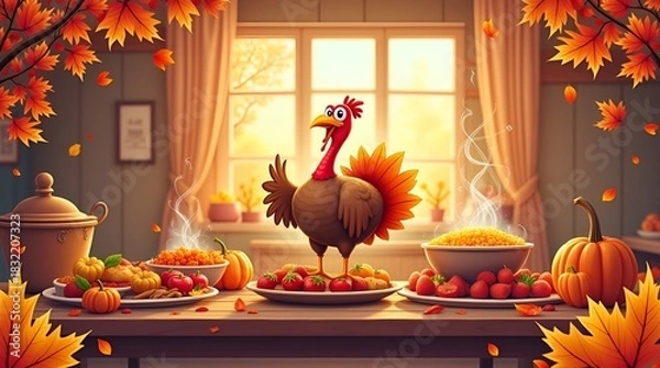 Fototapeta Vector illustration of a Happy Thanksgiving celebration design featuring a cheerful cartoon turkey surrounded by colorful autumn leaves, bright festive colors, clean flat style