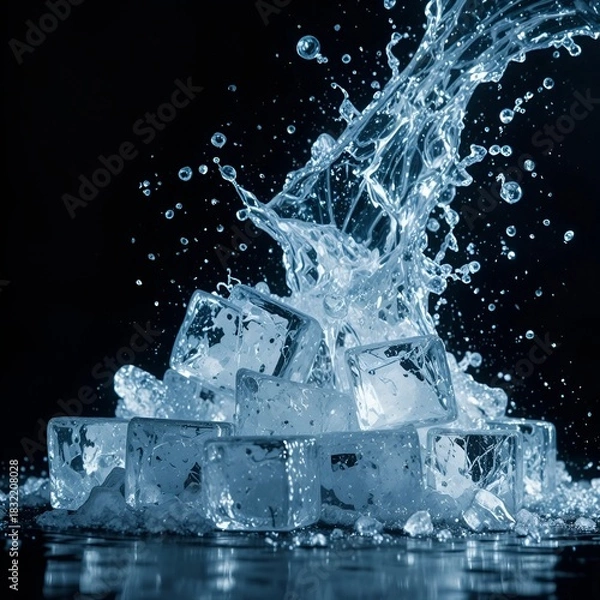 Fototapeta Frozen blue transparent ice cubes falling on black background with water splashes.