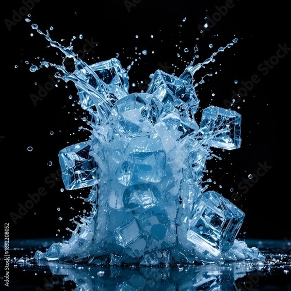 Fototapeta Frozen blue transparent ice cubes falling on black background with water splashes.