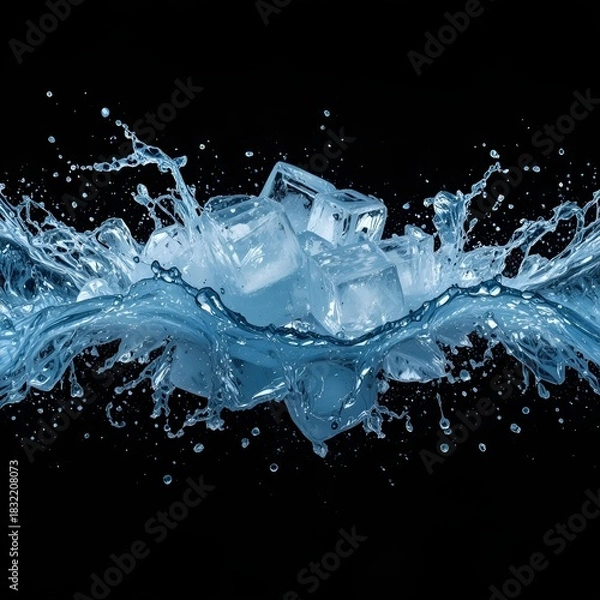 Fototapeta Frozen blue transparent ice cubes falling on black background with water splashes.