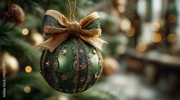 Fototapeta Close up of a green christmas ornament with a gold bow on a christmas tree