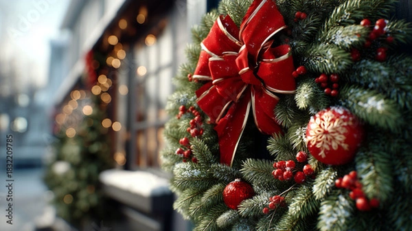 Fototapeta Close up of a christmas wreath with red bow and ornaments on a building door