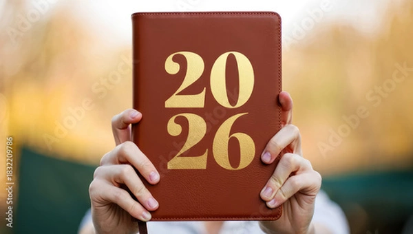 Fototapeta Close-up of hands holding a brown leather 2026 planner with large gold numbers, shown in soft warm light with a gently blurred background creating a clean, modern and elegant atmosphere