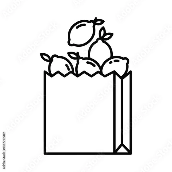 Fototapeta Simple outline illustration of a paper bag filled with fresh lemons