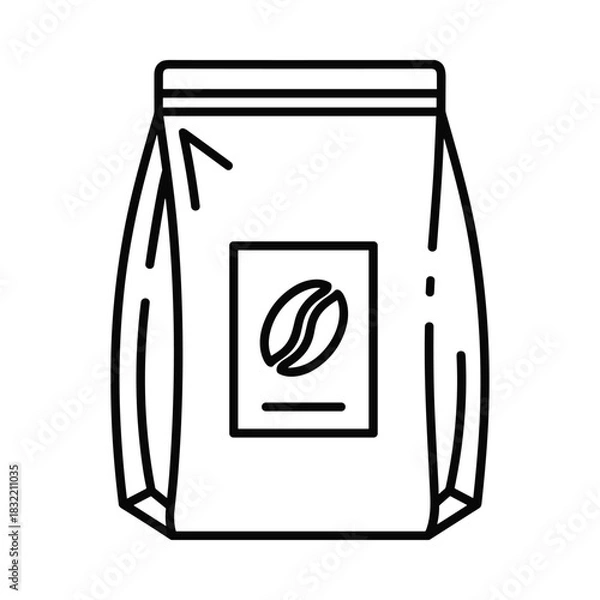 Fototapeta Simple outline drawing of a bag of coffee beans with a coffee bean icon on the label
