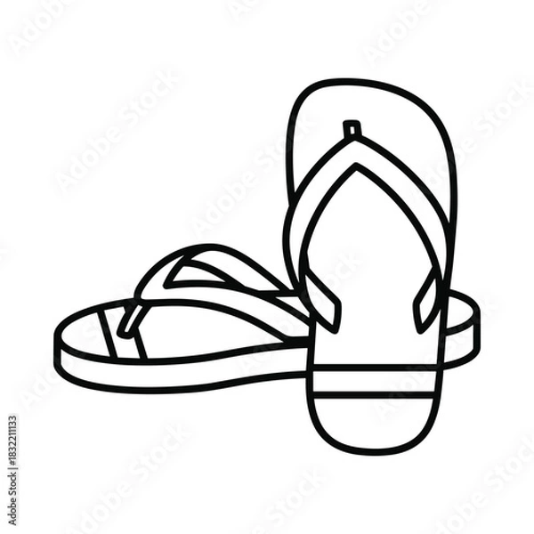 Fototapeta Simple outline drawing of two flip flop sandals on a white background