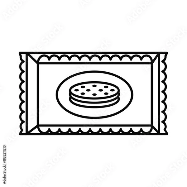Fototapeta Simple black and white line drawing of a cookie in a wrapper with scalloped edges