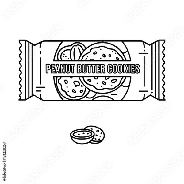 Fototapeta Line art illustration of peanut butter cookies in packaging with a single cookie and bowl