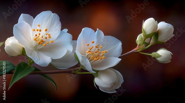 Fototapeta Close up of white jasmine flowers and buds on a branch with dark background