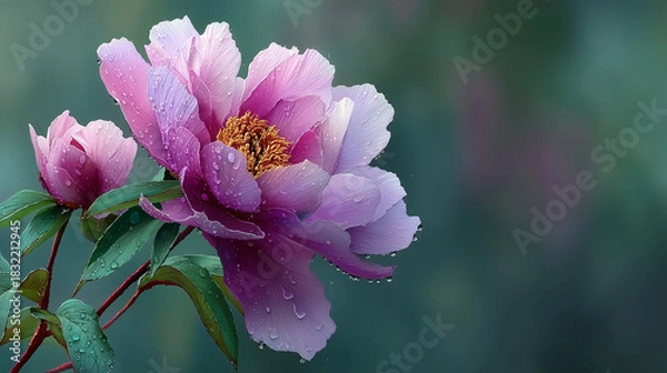 Fototapeta Close up shot of two pink peony flowers with water droplets on petals