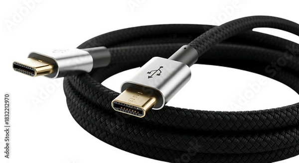 Fototapeta Braided usb type c cable close up isolated on transparent background