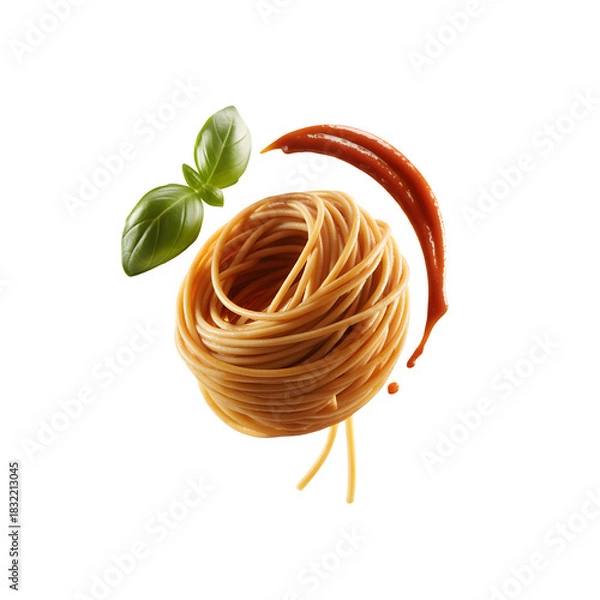 Fototapeta Italian spaghetti nest, flying tomato sauce, and fresh basil isolated on transparent background