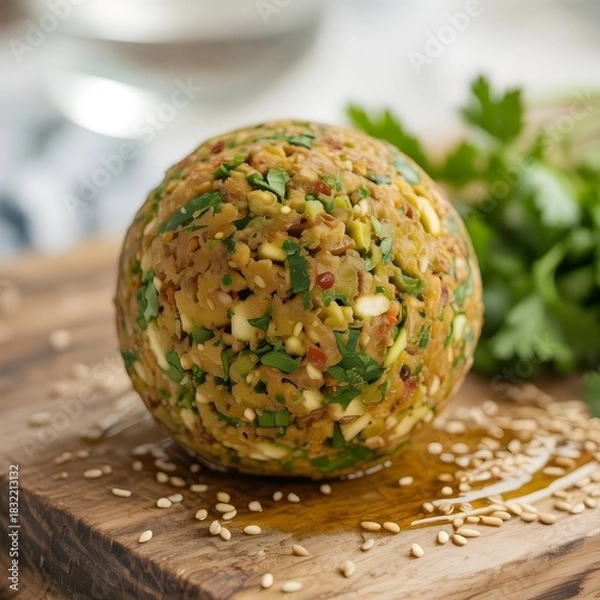 Fototapeta Healthy vegan falafel ball on rustic wood with sesame and parsley.