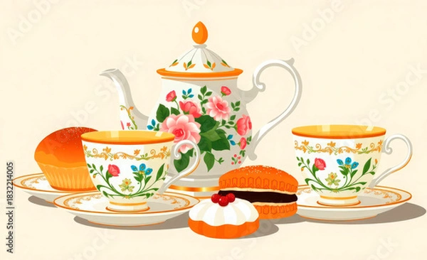 Fototapeta Elegant Stylized Tea Set Illustration with Floral Teapot and Pastries, White and Orange Afternoon Tea Scene with Copy Space