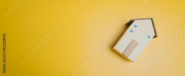 Obraz Wooden house model yellow background minimal design small home architecture concept real estate idea cozy house simple decoration isolated object bright color