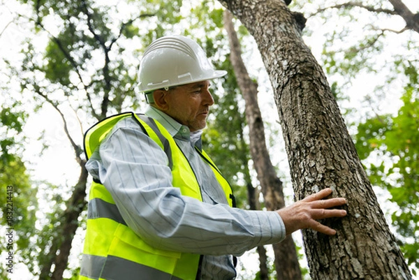 Fototapeta Environmental engineer examining tree for carbon impact study