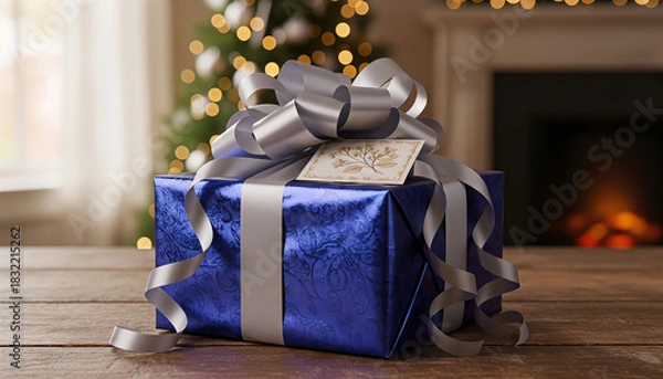 Obraz Beautifully wrapped blue gift box with ribbon and tag, elegant decoration for holidays