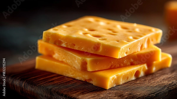 Fototapeta Stack of cheese slices with holes on a wooden board close up photography