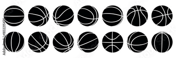 Obraz Collection of black and white basketball from different angles. Flat vector illustration isolated on a white background.