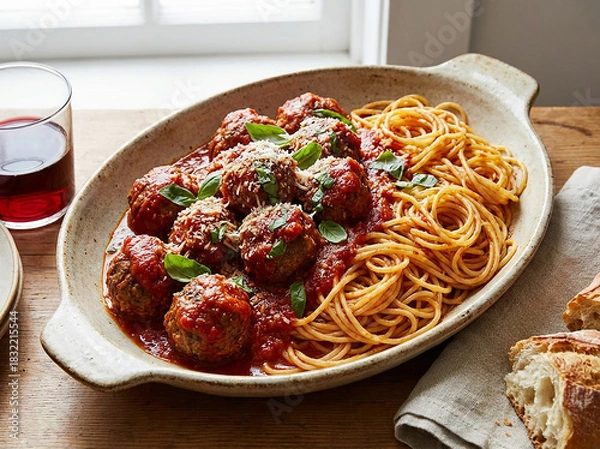 Obraz Spaghettis à la sauce tomate et boulettes de viande