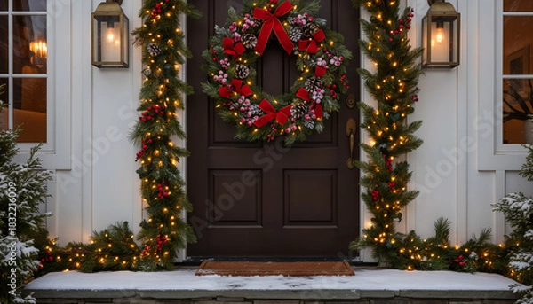 Obraz Festive Christmas entrance with wreath, garland, and warm lights, creating a cozy holiday atmosphere