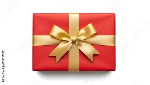 Obraz Red Gift Box with Gold Ribbon and Bow on White Background