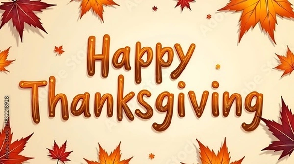 Fototapeta Whimsical hand-drawn “Happy Thanksgiving” text centered on a backdrop filled with multicolored fall leaves, artistic brush strokes, warm and inviting holiday feel