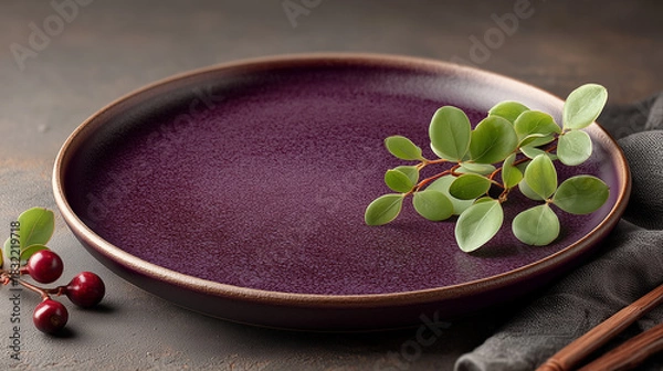 Fototapeta A purple plate with green leaves and red berries on a gray background