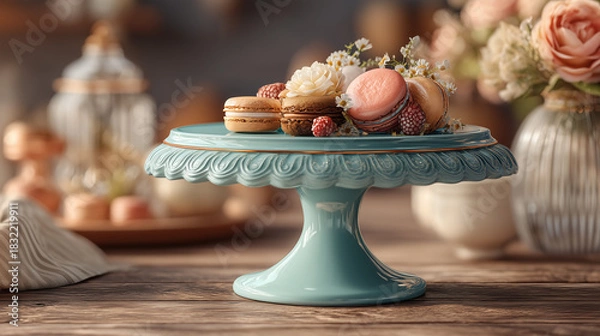 Fototapeta Macarons and flowers on a blue cake stand on a wooden surface indoors view