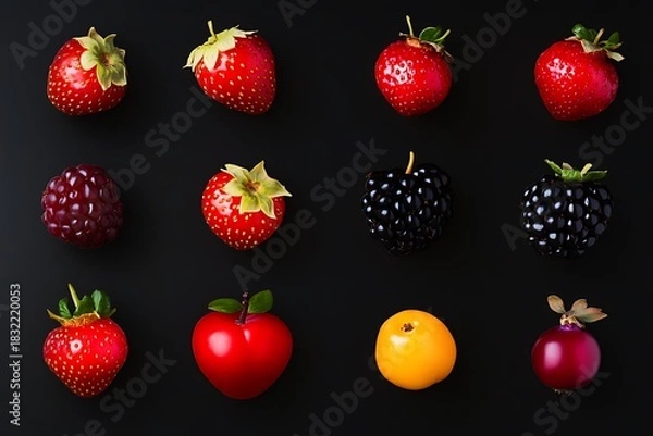Fototapeta Assorted ripe berries isolated against black for digital design use.
