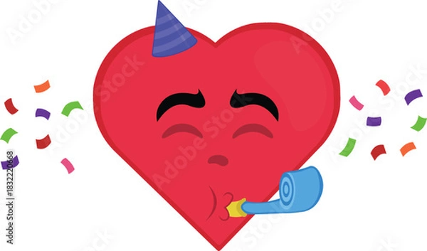 Obraz vector illustration emoticon character heart cartoon, with a party hat, serpentine and falling confetti paper