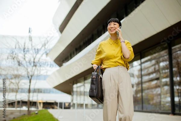 Obraz Woman in yellow shirt walks and talks on phone outside modern building