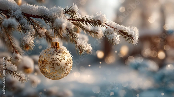 Fototapeta Close up of a christmas ornament hanging on a snow covered pine tree branch