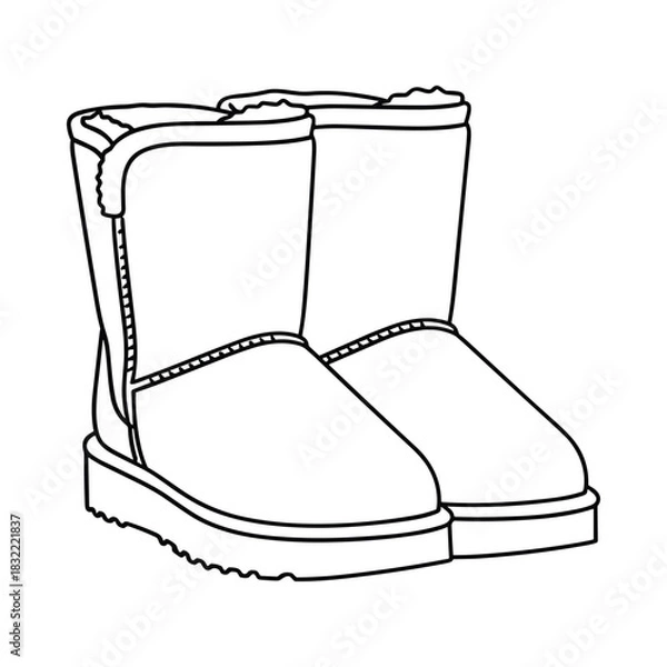 Fototapeta Simple line drawing of a pair of cozy winter boots with fur lining