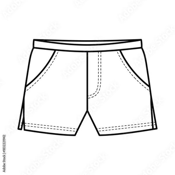 Fototapeta Simple outline drawing of comfortable denim shorts with pockets and belt loops