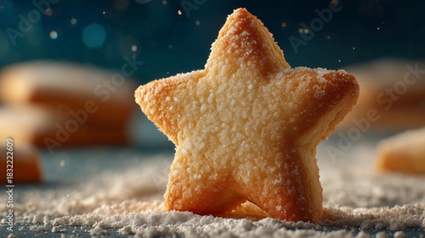 Fototapeta A close up of a star shaped cookie dusted with powdered sugar on a surface