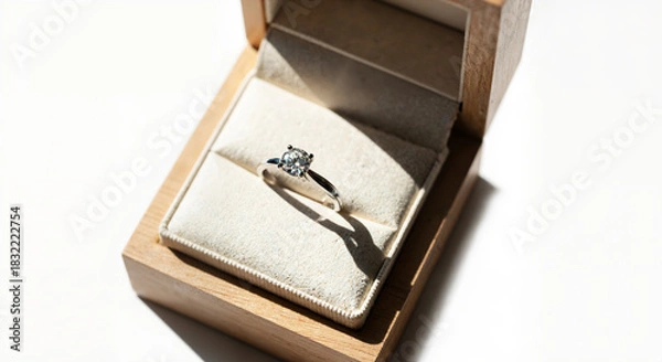 Obraz Elegant engagement ring displayed in a wooden box, showcasing luxury and romance